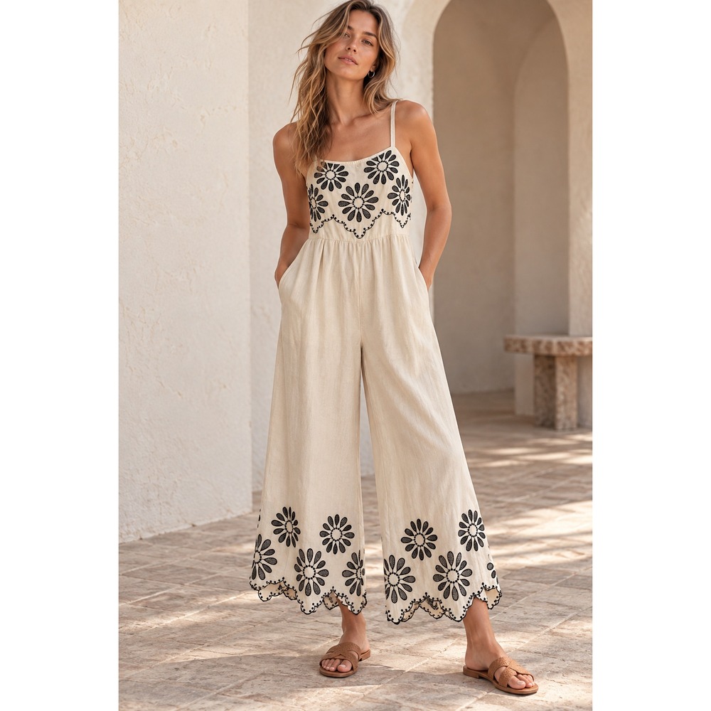 NAOO Jumpsuit Sz M Beige 100% Cotton Embroidered Wide Leg Coastal Resort Boho